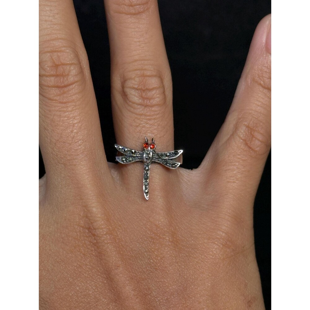 Sterling Silver Garnet Marcasite Dragonfly Ring Size 6.75 - Picture 5 of 13